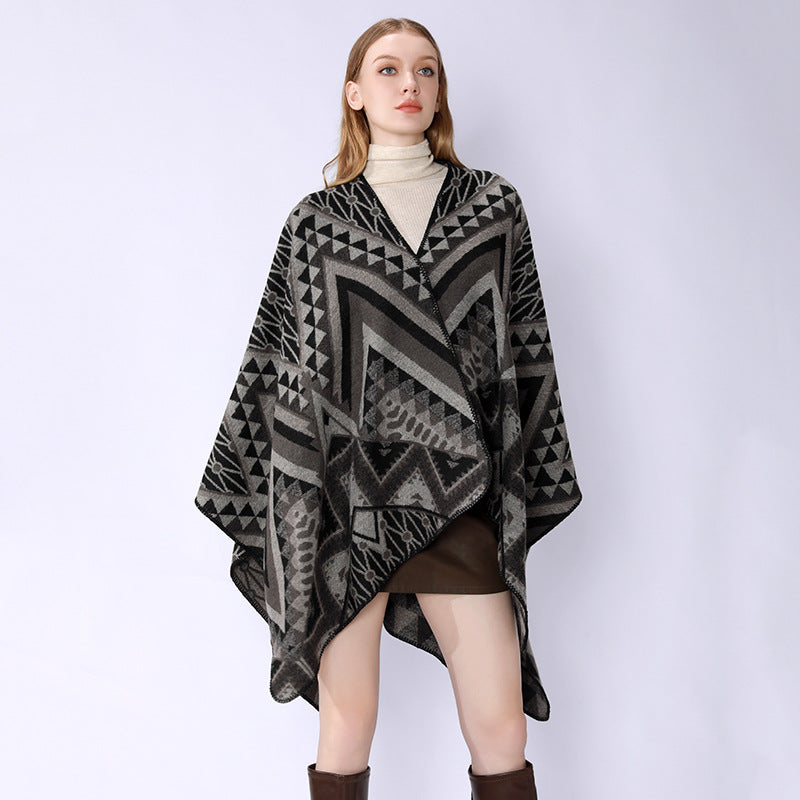 Damen Strukturiertes Jacquard-Poncho-Überwurf mit grafischem Ethno-Muster und offenem Kimono-Fall Shop Nory