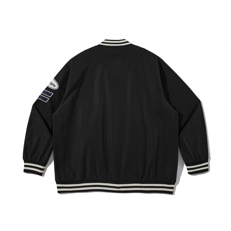 Unisex College-Bomberjacke mit gestepptem Patch, gestreiften Rippsäumen und Druckknopfleiste Shop Nory