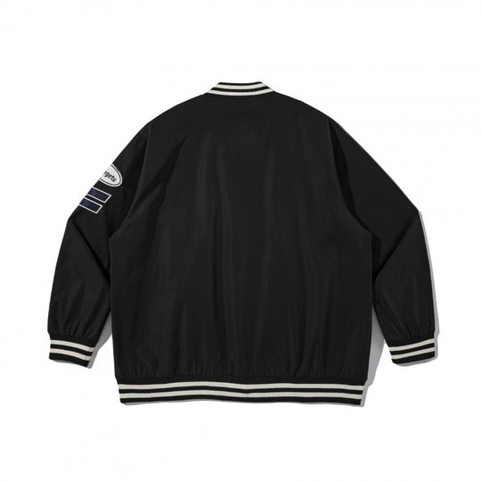 Unisex College-Bomberjacke mit gestepptem Patch, gestreiften Rippsäumen und Druckknopfleiste Shop Nory