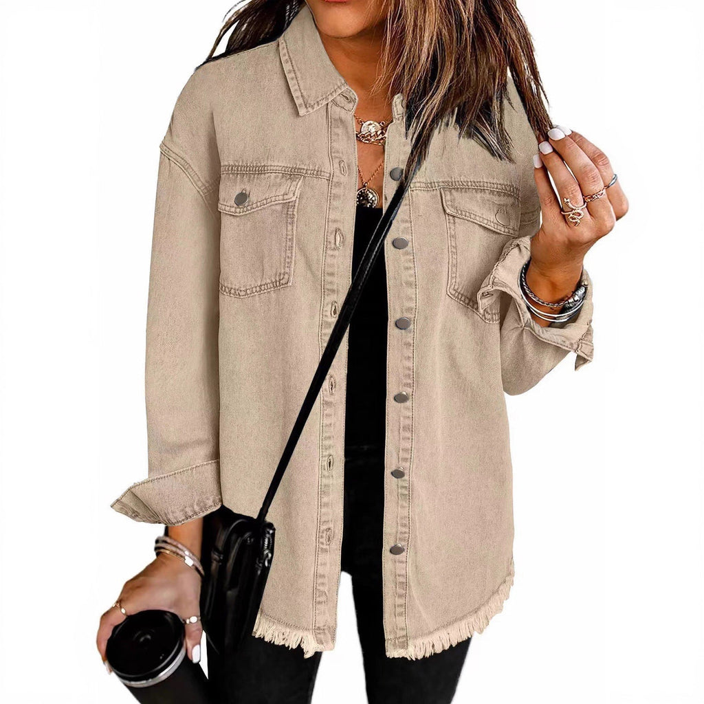 Damen Denim Overshirt mit fransigem Saum und Brusttaschen ShopNory