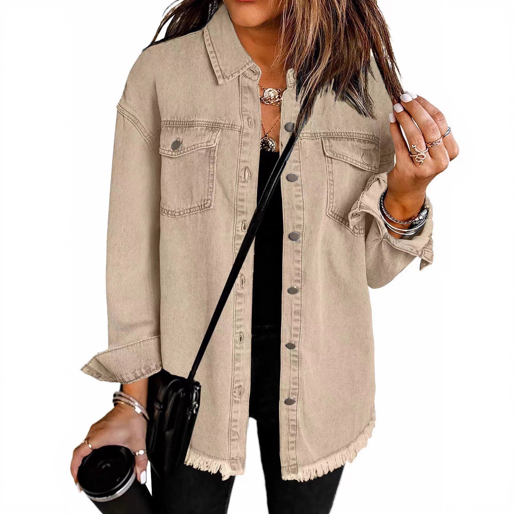 Damen Denim Overshirt mit fransigem Saum und Brusttaschen ShopNory