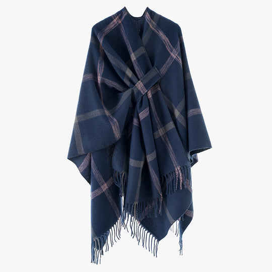 Damen Cape‑Poncho mit integriertem Bindegürtel, kastiger Oversize‑Silhouette und Fransensaum Shop Nory