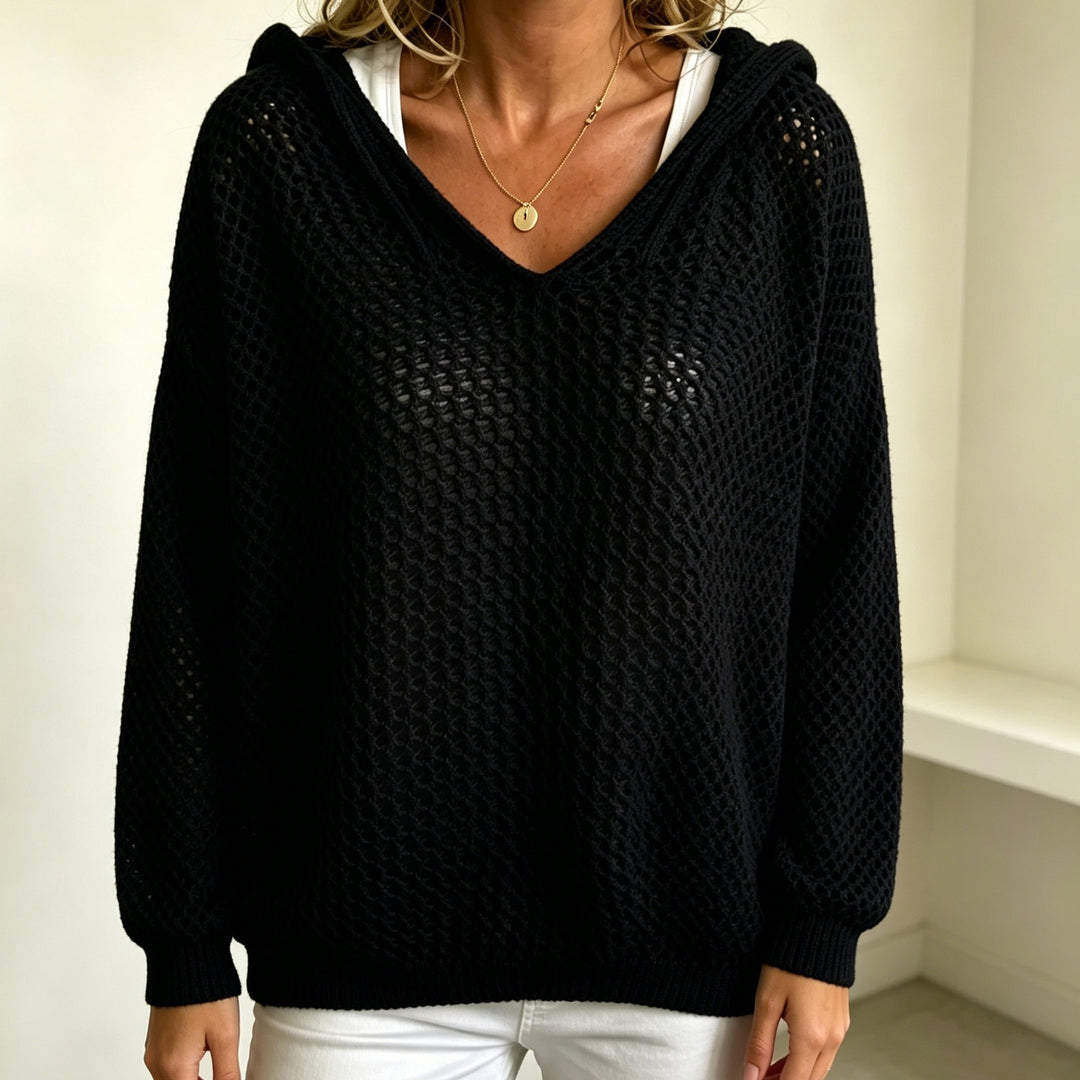Damen Grobgestrickter V-Ausschnitt-Pullover mit Kapuze und Lochmuster Shop Nory