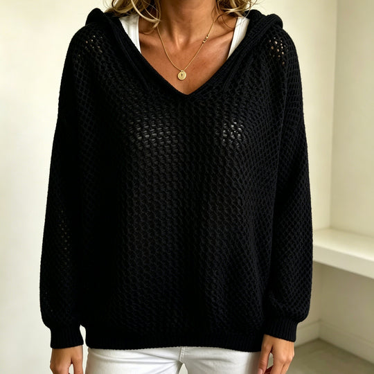 Damen Grobgestrickter V-Ausschnitt-Pullover mit Kapuze und Lochmuster Shop Nory