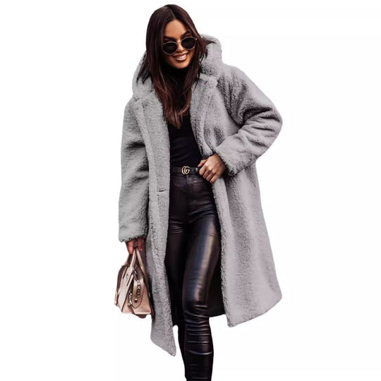 Damen weit geschnittener Teddy-Mantel mit Kapuze und Knopfverschluss Shop Nory
