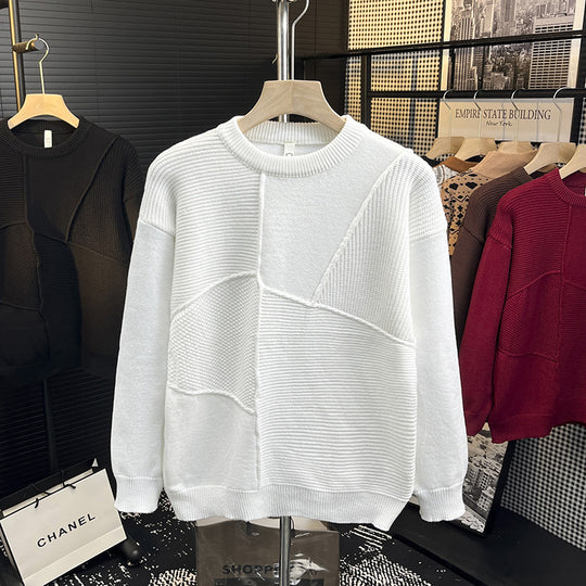 Herren Strukturierter Patchwork-Strickpullover mit Rundhals und gerippten Einsätzen Shop Nory