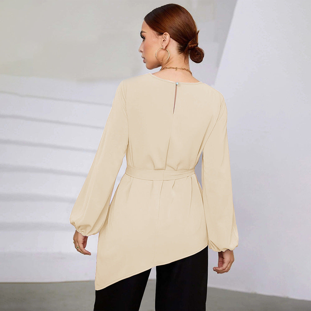 Damen asymmetrische Tunika-Bluse mit Ballonärmeln und Taillengürtel Shop Nory