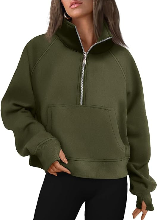 Damen nan cropped Halbzip-Sweatshirt mit hohem Stehkragen, Kängurutasche und überschnittener Schulter Shop Nory