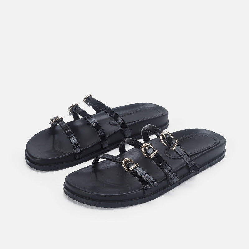 Damen Designer Zehentrenner-Sandalen mit dekorativem Riemendesign und komfortablem Fußbett