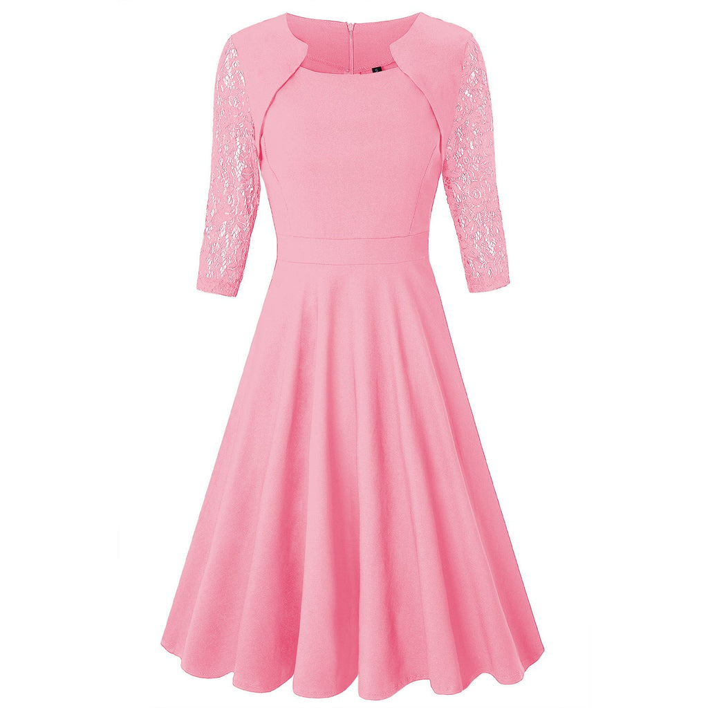 Damen Midi-Kleid mit Spitzenärmeln und schwingendem Rock