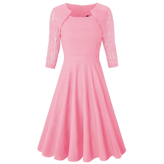 Damen Midi-Kleid mit Spitzenärmeln und schwingendem Rock