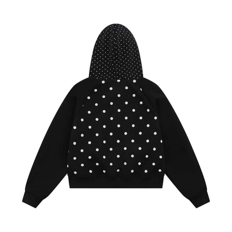 Damen Kapuzen‑Sweatjacke mit Rüschenkapuze, Polka‑Dot‑Muster und Zierschleifen Shop Nory