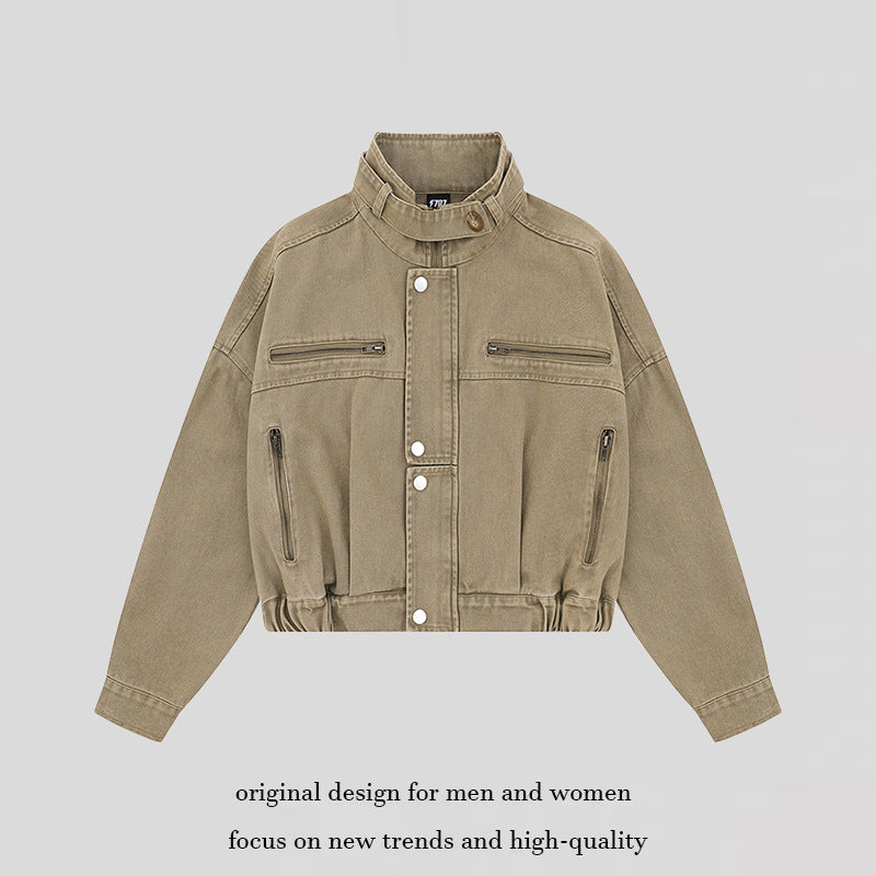 Damen Cropped Utility-Bomberjacke mit Stehkragen, Reißverschlusstaschen und Elastbund Shop Nory