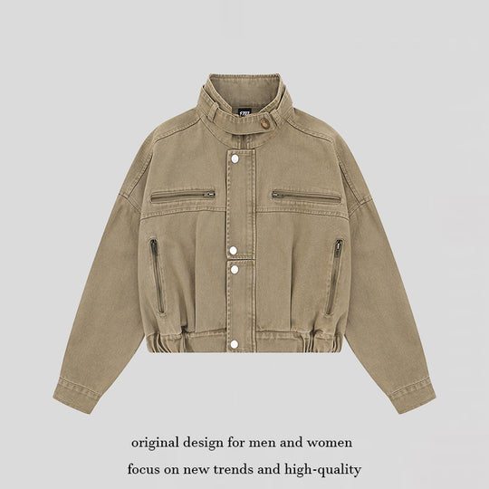 Damen Cropped Utility-Bomberjacke mit Stehkragen, Reißverschlusstaschen und Elastbund Shop Nory