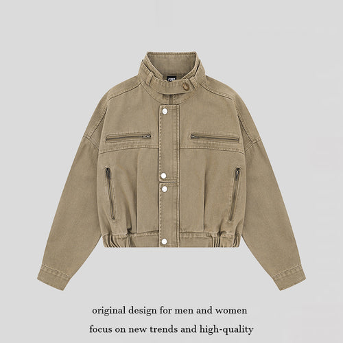 Damen Cropped Utility-Bomberjacke mit Stehkragen, Reißverschlusstaschen und Elastbund Shop Nory