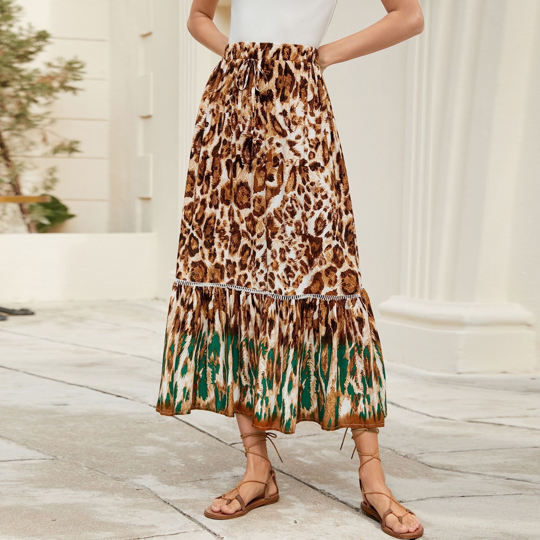 Damen Maxi-Rock mit animalischem Print und raffinierter Volant