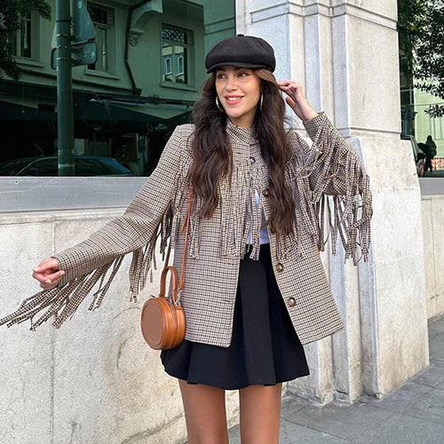 Damen Kurzblazer mit Fransen und Hahnentrittmuster Shop Nory