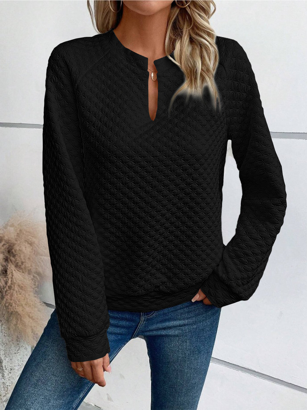 Damen Gestepptes Sweatshirt mit Schlitzkragen, Rautenstruktur und Raglanärmeln Shop Nory