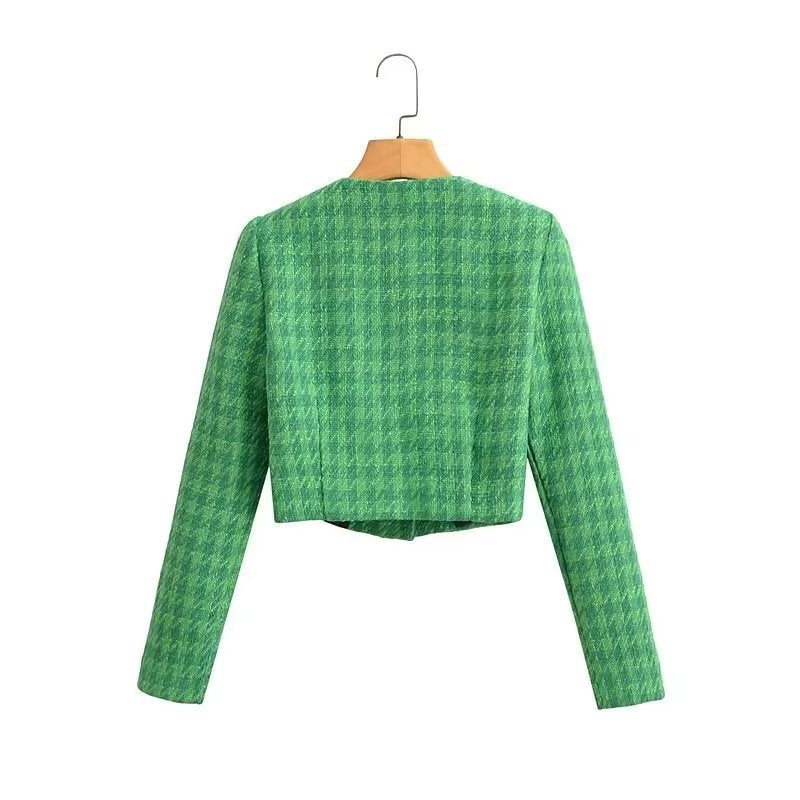Damen Kurzblazer aus Bouclé-Tweed mit kastiger Cropped‑Silhouette und kragenlosem Design Shop Nory