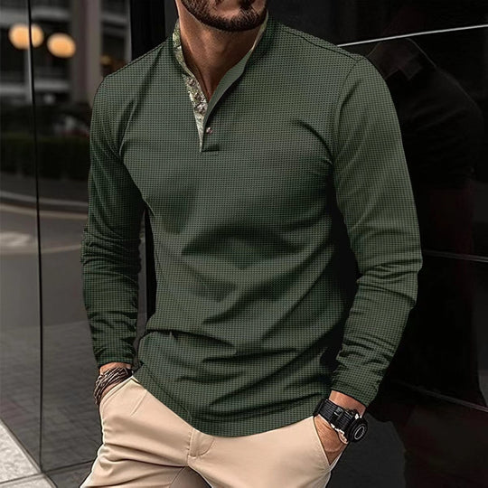 Herren nan langärmliges Henley-Poloshirt mit Stehkragen, feiner Struktur und gemustertem Innenkragen Shop Nory