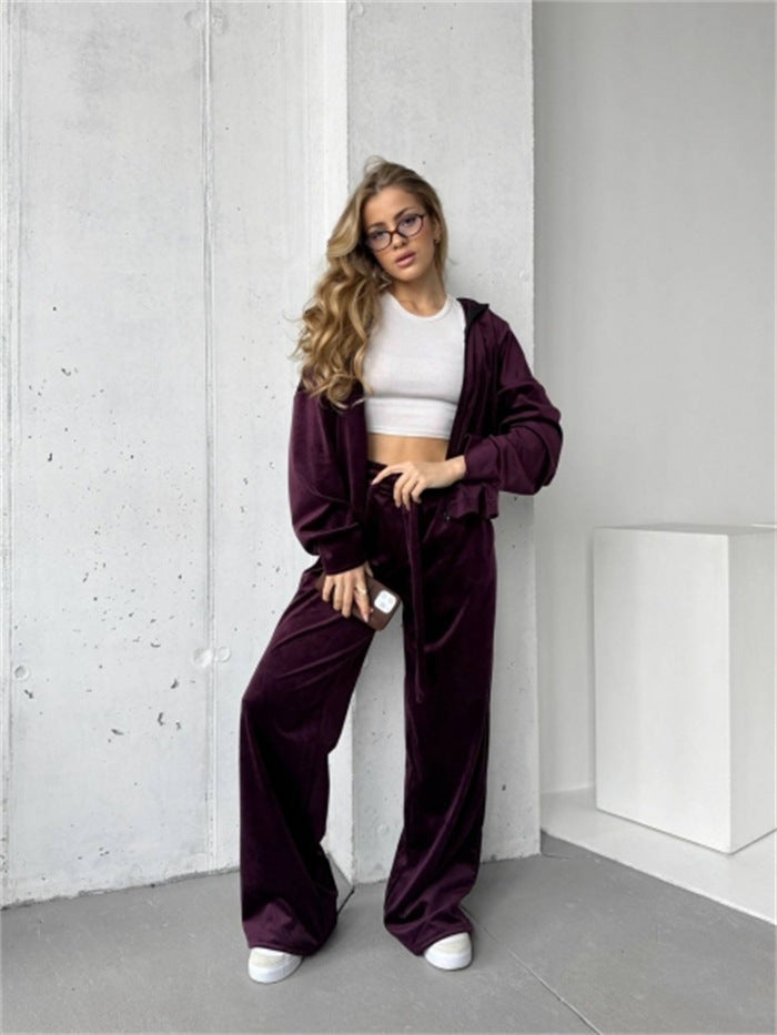 Damen weicher Velours-Trainingsanzug mit Kapuze, Reißverschluss und weitem Bein Shop Nory