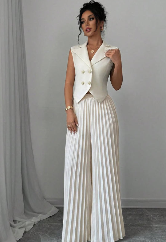 Damen Ärmelloses Weste-Blazer-Top mit Revers und plissierter Palazzo-Hose Zweiteiliges Abendset Shop Nory
