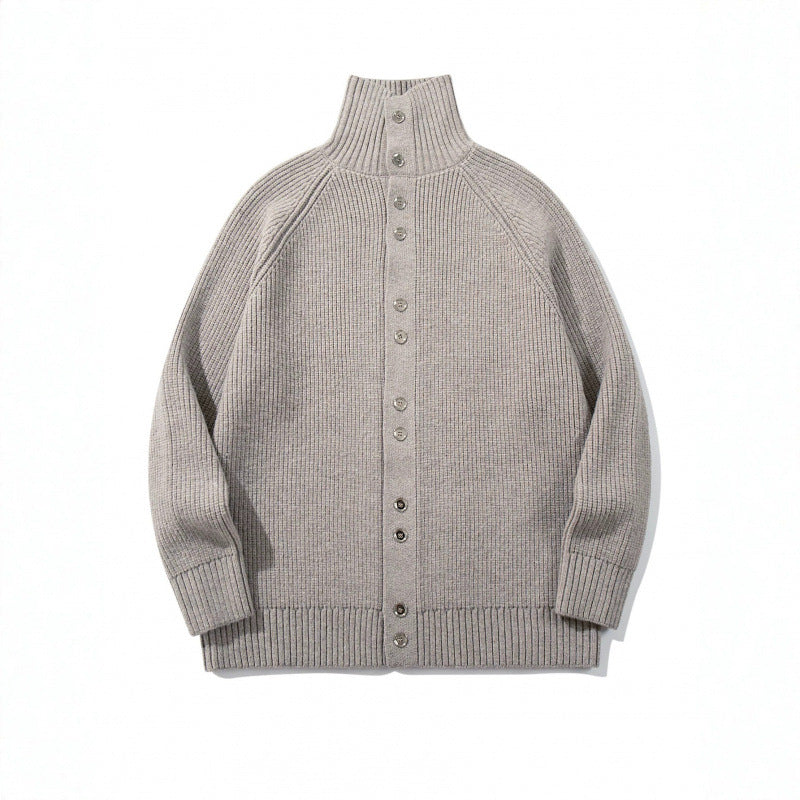 Herren grobgestrickter Knopfcardigan mit hohem Rollkragen und Raglanärmeln Shop Nory
