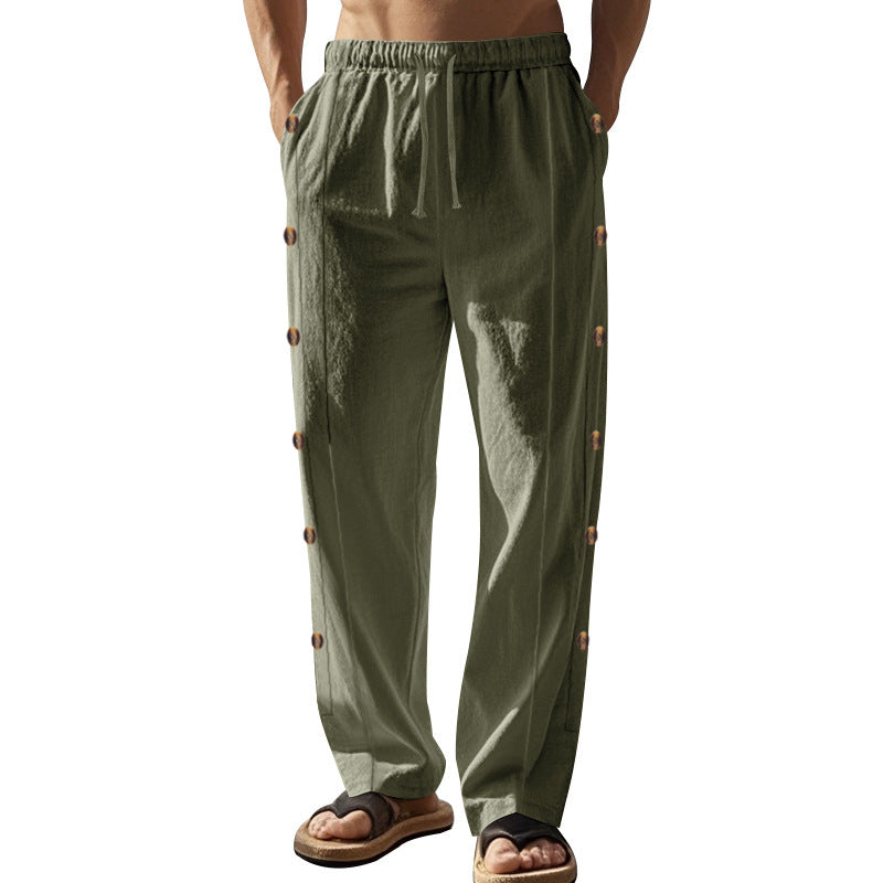Herren nan entspannte Leinen-Relaxhose mit seitlicher Knopfleiste elastischem Bund und Eingrifftaschen
