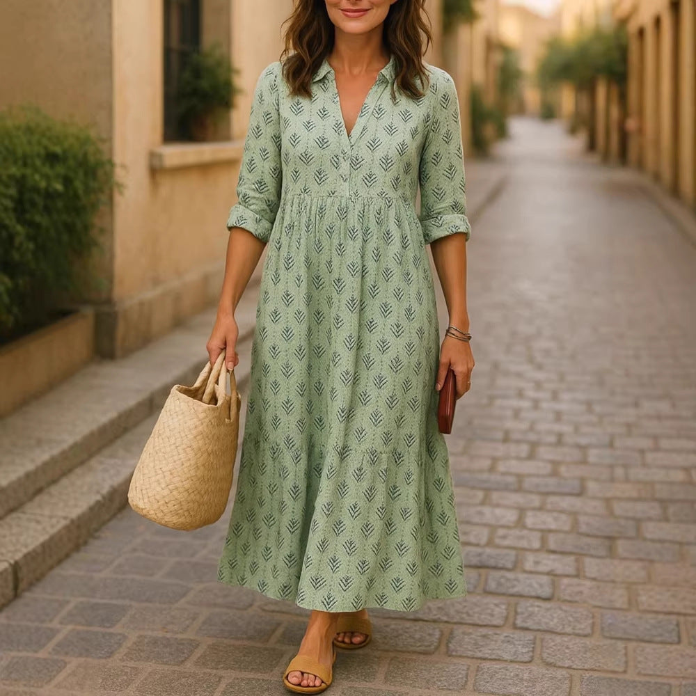 Damen Maxikleid mit elegantem Kragen und floralen Mustern