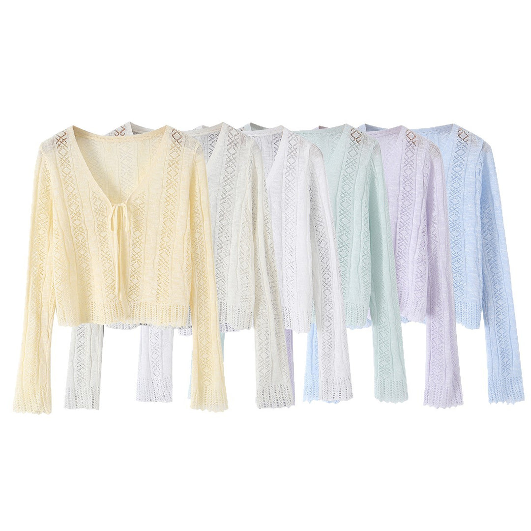 Damen Leichter gehäkelter Kurzcardigan mit V‑Ausschnitt, Bindeband und Ajourmuster Shop Nory