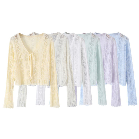 Damen Leichter gehäkelter Kurzcardigan mit V‑Ausschnitt, Bindeband und Ajourmuster Shop Nory