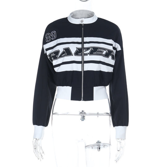 Damen Kurzgeschnittene Racer-Trainingsjacke mit Reißverschluss, sportlichem Print und elastischem Bund Shop Nory