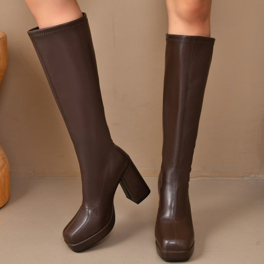 Damen Plateau-Kniestiefel mit klobigem Blockabsatz und Stretchschaft Shop Nory