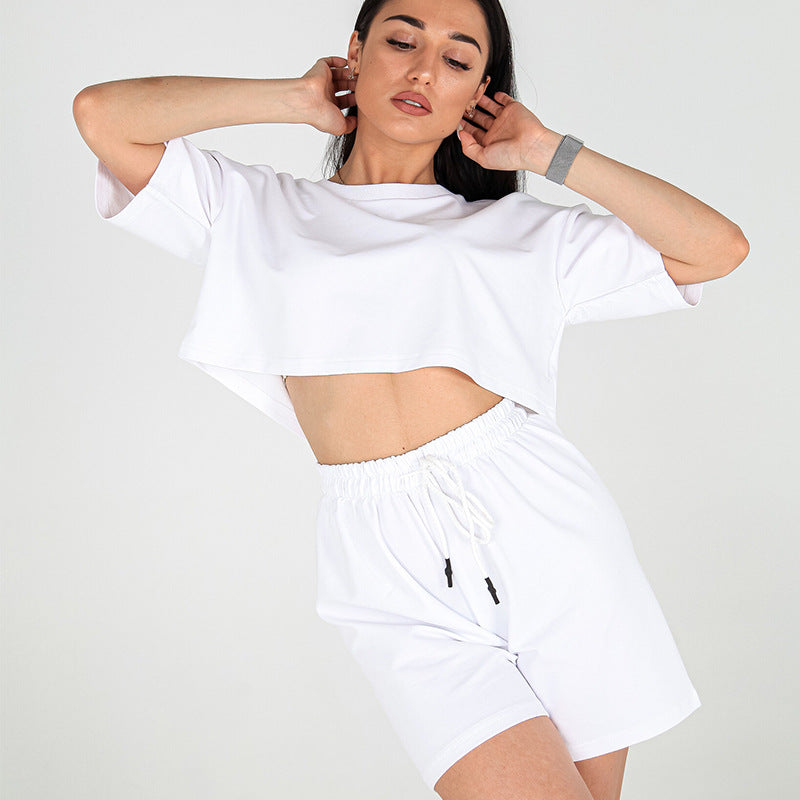 Damen Zweiteiliges Cropped-Lounge-Set aus Baumwolljersey mit elastischer Kordelzug-Shorts Shop Nory