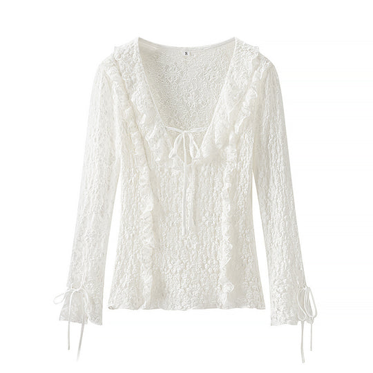 Damen Figurbetonte Spitzenbluse mit Rüschen‑V‑Ausschnitt und Bindebanddetail Shop Nory