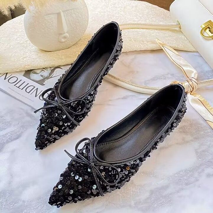 Damen funkelnde Ballerinas mit spitzem Zehenbereich und dekorativem Paillettenschmuck