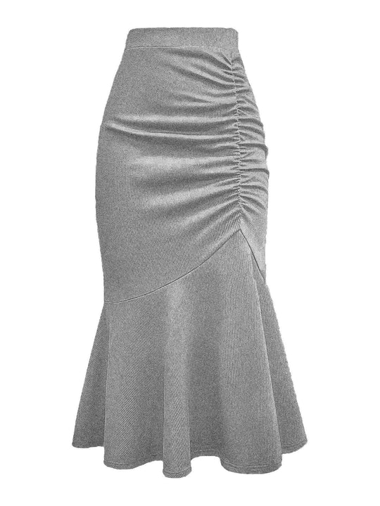 Damen Taillierter Midirock mit seitlicher Raffung und ausgestelltem Volant-Saum Shop Nory