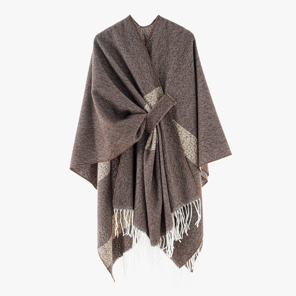 Damen Gewebter Wollmix-Ruana mit Diagonalstreifen und Fransen Shop Nory