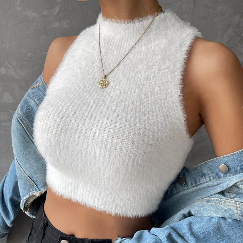 Damen Kurz geschnittenes ärmelloses geripptes Strick-Crop-Top mit Stehkragen Shop Nory