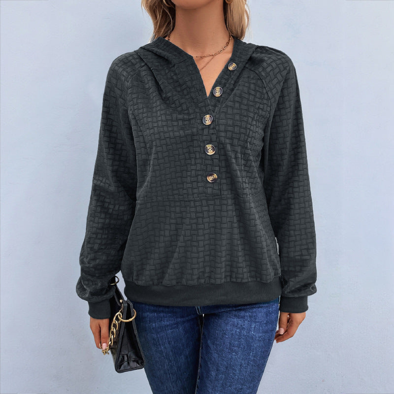 Damen Texturiertes Kapuzen-Henley-Pullover mit Knopfleiste und Kängurutasche Shop Nory