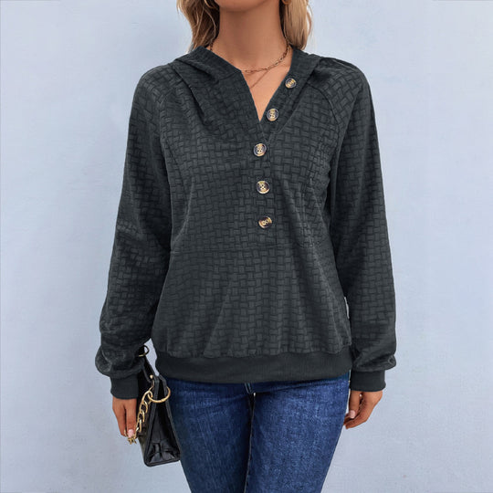 Damen Texturiertes Kapuzen-Henley-Pullover mit Knopfleiste und Kängurutasche Shop Nory