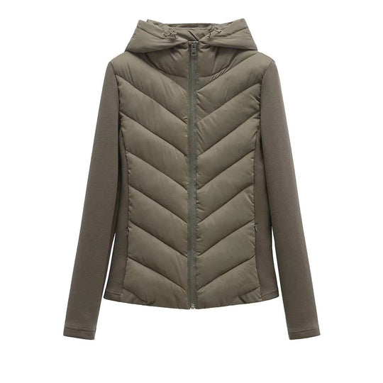 Damen nan gesteppte Kapuzenjacke mit Chevron‑Stepp, Einsätzen aus Softshell und verdecktem Reißverschluss