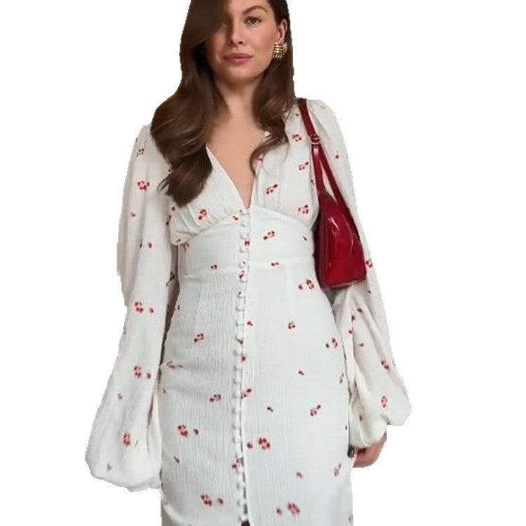 Damen Midikleid mit Puffärmeln, V-Ausschnitt und dekorativer Knopfleiste Shop Nory