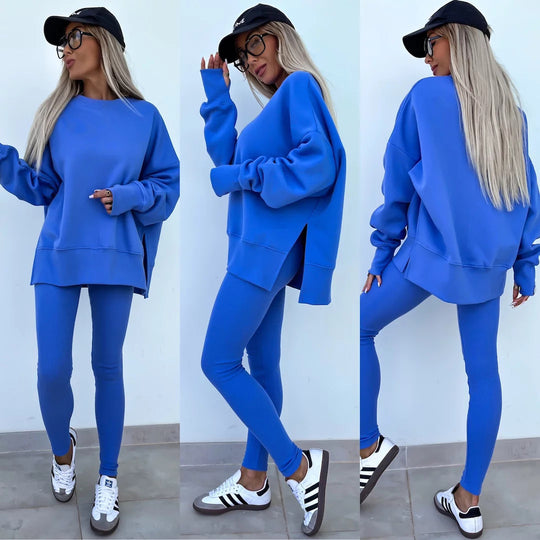 Damen komfortables Oversize-Lounge-Set mit langem Sweatshirt, gerippten High-Waist-Leggings und verlängerten Bündchen Shop Nory