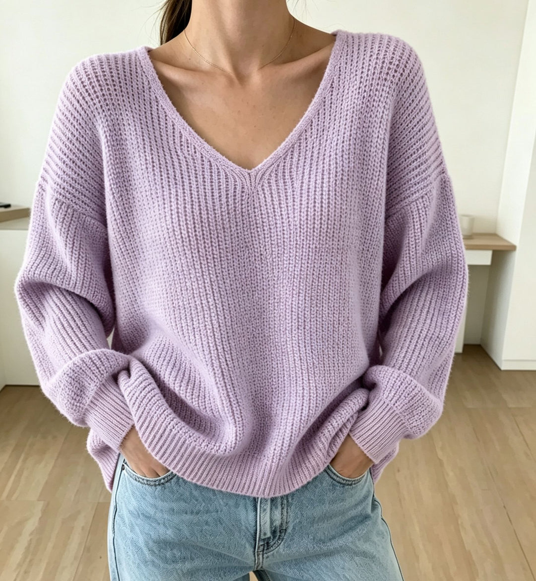 Damen Lässiger Boxy-Grobstrickpullover mit V-Ausschnitt und gerippten Bündchen Shop Nory