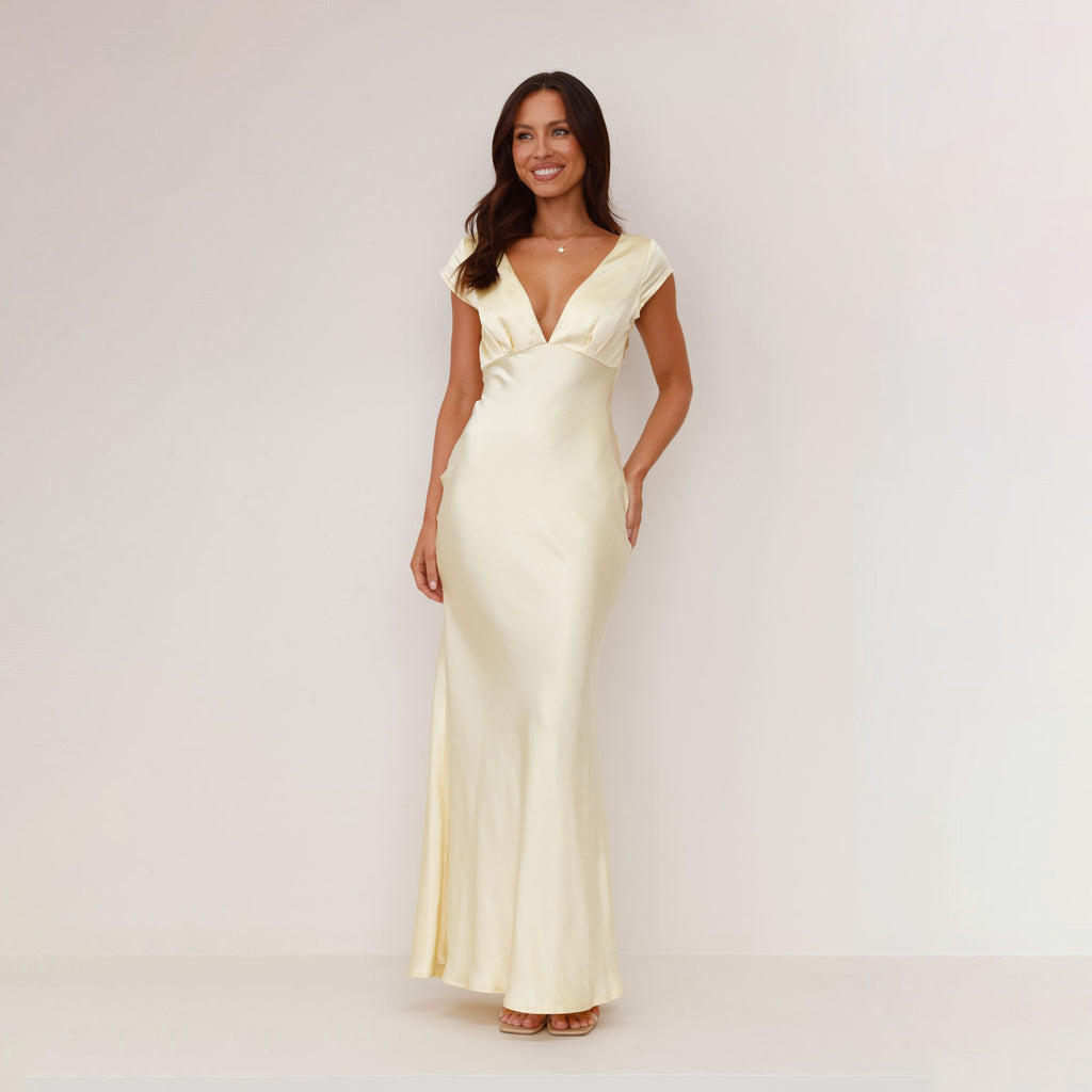 Damen Elegantes Maxikleid mit tiefem V-Ausschnitt und fließendem Satinfall