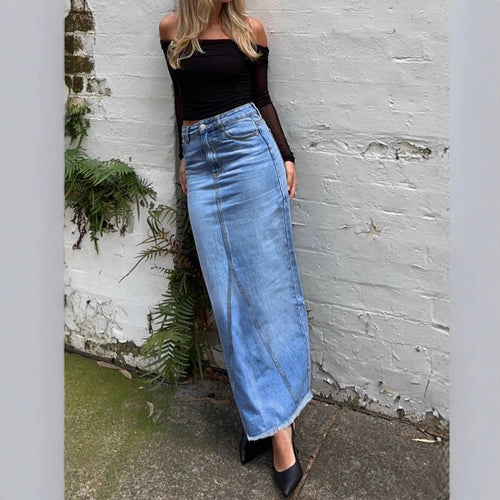 Damen Taillenhoher Denim-Maxi-Rock mit geradem Schnitt, Ziernähten und rohem Fransen-Saum Shop Nory