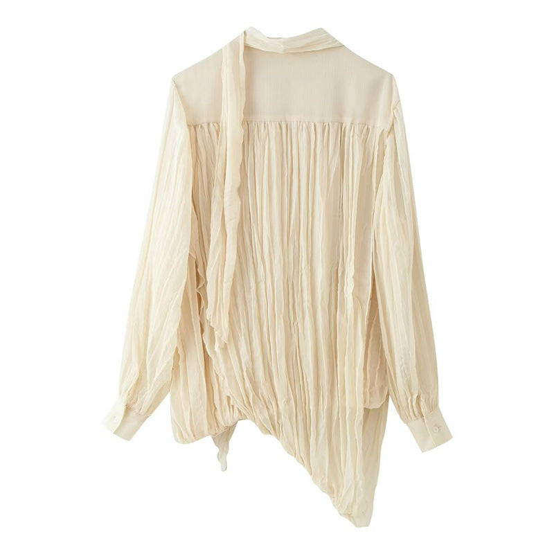Damen Transparente Plissee-Chiffon-Bluse mit Halstuch-Schleife und asymmetrischem Saum Shop Nory