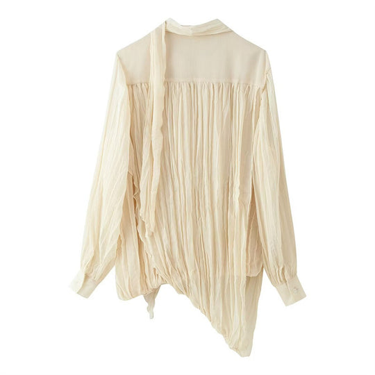 Damen Transparente Plissee-Chiffon-Bluse mit Halstuch-Schleife und asymmetrischem Saum Shop Nory