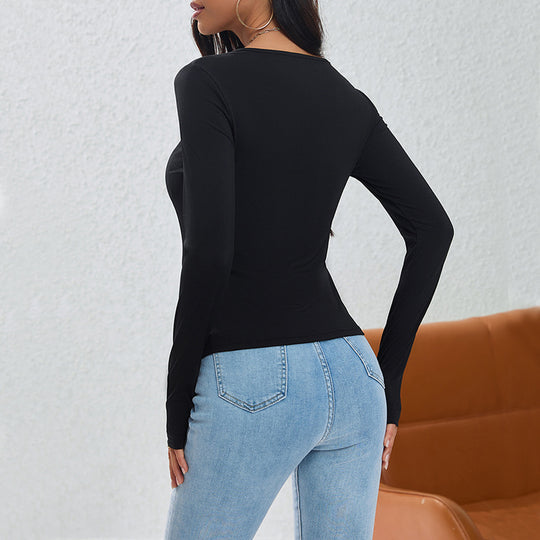 Damen asymmetrisches geripptes Longsleeve mit Diagonalknopfleiste und spitzem Saum Shop Nory
